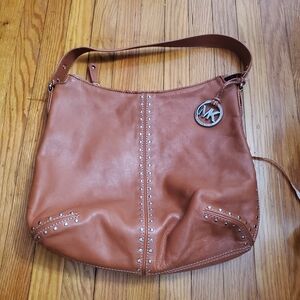Michael Kors Silver Studded Tan Leather Hobo Bag Womens